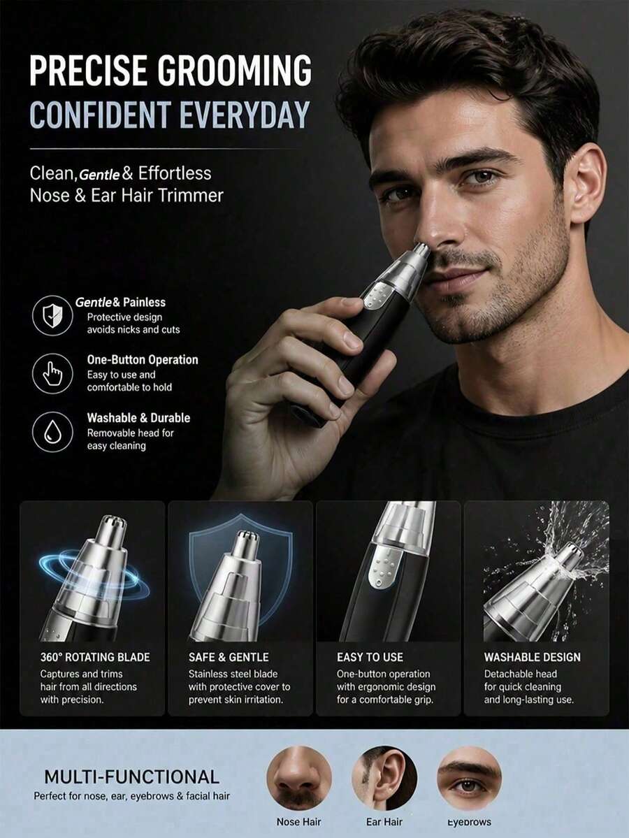 AXH Nose And Ear Hair Trimmer, Men's Stainless Steel Manual Washable Portable Nose Hair Trimming Scissors - Black - View 1