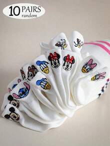 Disney 女款刺繡「耳朵」船襪 1/5/10雙組，春夏秋薄款白色運動短襪，柔軟透氣不勒腳，百搭低筒踝襪，隨機配色 - 彩色 - 查看 9