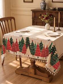 1pc Christmas Winter Minimalist Red & Green Christmas Tree Pattern Polyester Cotton Lace Tablecloth, Stain-Resistant With Tassel Fringe, Suitable For Square & Round Tables, Kitchen, Dining Table, Coffee Table, TV Cabinet, Entryway, Party Holiday Decor, Home Decor, Christmas Dinner - Multicolor - View 4
