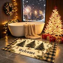1pc Christmas Series Black & Green Plaid Hand-Painted Pine Tree Pattern Printed Faux Cashmere Surface TPR Backing Doormat, Bathroom Mat, Kitchen Mat, Laundry Room Mat, Holiday Atmosphere Decor, Home Decor, Party Decor, Wedding Decor, Dining & Kitchen Decor - Multicolor - View 1
