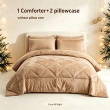 3Pcs Velvet Grid Quilted Comforter Set, Soft Warm Bedding Set With 2 Pillowcases, Pillow Insert Not Included, Vacuum Packed For Bedroom Guest Room - Dark Grey - View 5