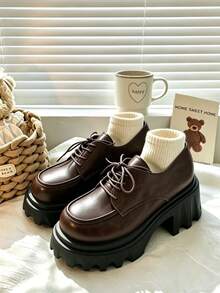 7.5cm Super High Heel Platform Loafers, British Style, New Spring 2026, Brown Chunky Heel Platform Mary Jane Loafers, Commuting, JK Style, Versatile Lace-Up Shoes - Brown - View 1