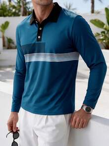 Men's Deep Sea Blue Long Sleeve Polo Shirt For Vacation - Multicolor - View 2