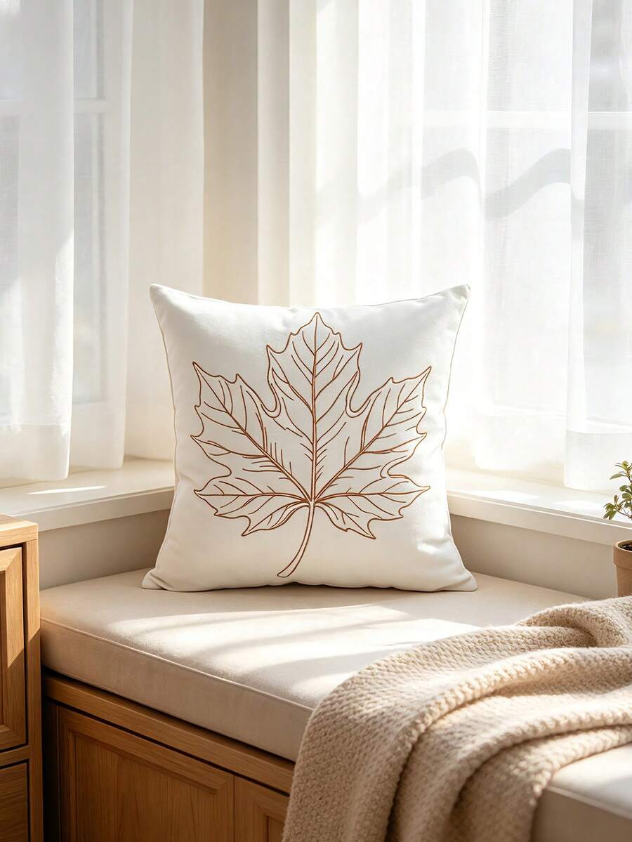 1pc Minimalist Maple Leaf Line Embroidery Pillow Case, Autumn Atmosphere Home Decor, Living Room Sofa Square Decorative Cushion Cover - Multicolor - View 1