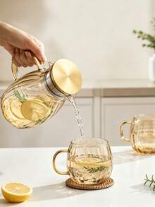 Amber Ribbed Glass Pitcher And Cup Set,1800ML Large Capacity Water Carafe With Gold Lid,6Pcs 430ML Transparent Glass Mugs,Heat-Resistant Beverage Jug For Tea, Juice, Cold Water,Home Tabletop Drinkware For Kitchen & Party - Multicolor - View 3