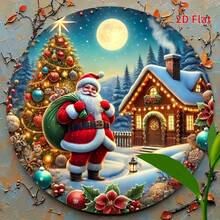 2D Flat Print Design, Merry Christmas Sign, Santa Claus Wreath Sign - 20.32X20.32cm Round Metal Sign, Front Door Decor, Carefully Crafted Wall Hanging, Suitable For Holidays And New Year, Fun Christmas Party Decoration - A - View 5