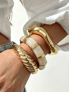 3/1pc Vintage Bohemian Ribbed Asymmetrical Wavy Metal Bangle Bracelet Set For Women, Suitable For Daily Wear, Vacation, Date, Party, Layering - Yellow Gold - View 5