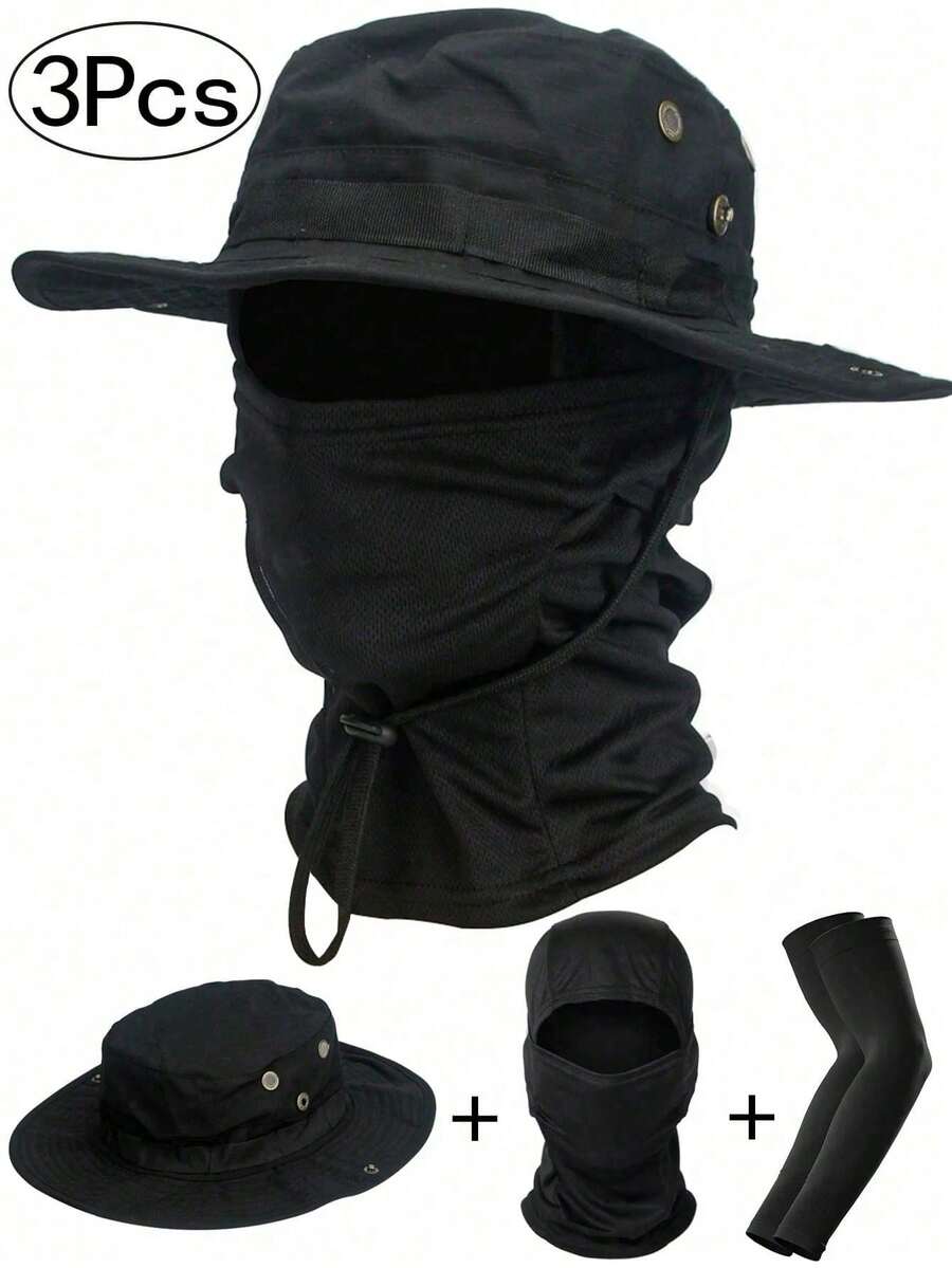 3pcs Round Brim Hat Set Outdoor Hiking Bucket Hat Drawstring Windproof Knit Hat Travel Hiking Fishing Hat - A - View 1