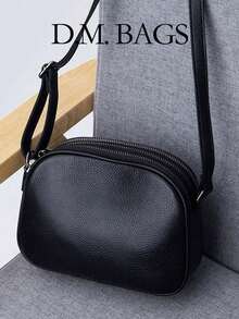 New Fashion Solid Color Lychee Texture Casual Versatile Multi-Functional Three-Layer Three-Zipper Large Capacity Adjustable Shoulder Strap High-Quality Minimalist Elegant Elegant Crossbody Bag Suitable For Office Workers Students Commuters - Black - View 1