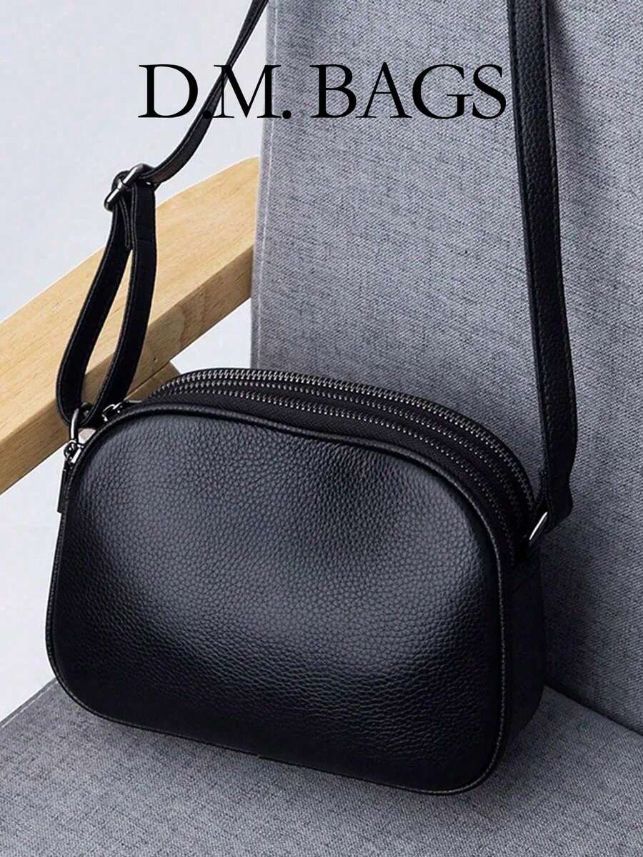 New Fashion Solid Color Lychee Texture Casual Versatile Multi-Functional Three-Layer Three-Zipper Large Capacity Adjustable Shoulder Strap High-Quality Minimalist Elegant Elegant Crossbody Bag Suitable For Office Workers Students Commuters - Black - View 1