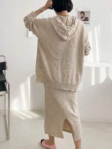 YCYC Autumn/Winter Vintage Slouchy Long Sleeve Hooded Knit Sweater + Back Slit Knit Skirt Set - Oatmeal - View 6