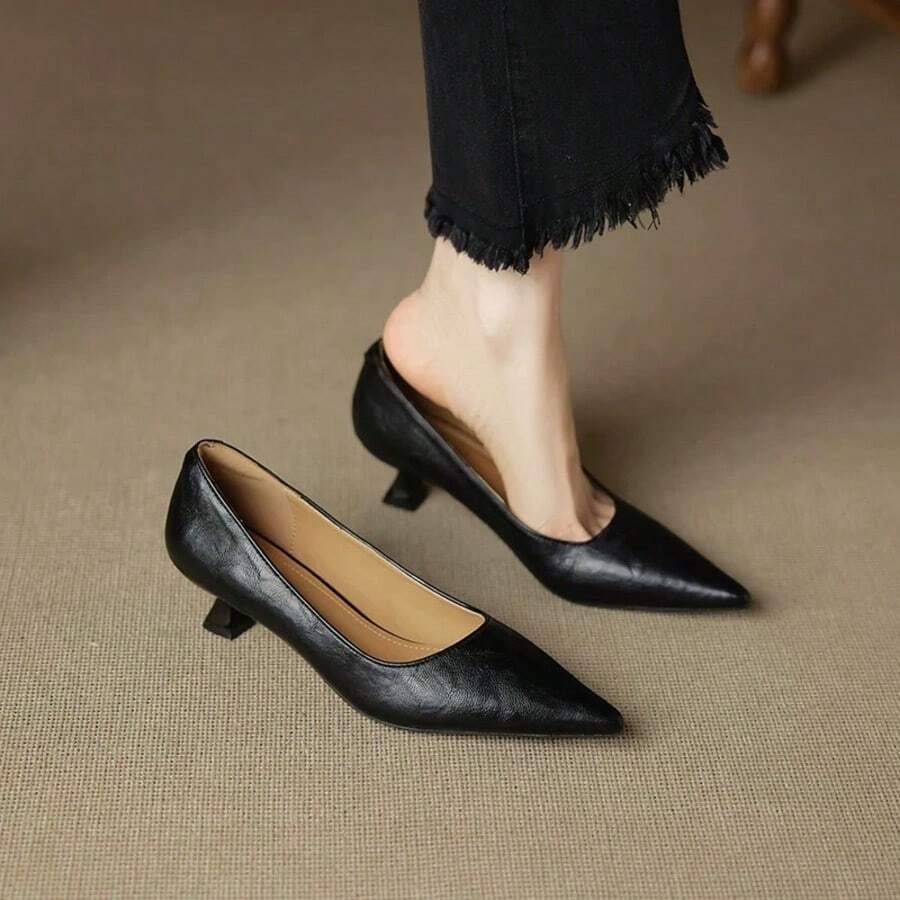Black Pointed Toe Stiletto Kitten Heel Pumps For Women, Minimalist Elegant Low Heel Shoes For Office Commute And Versatile Wear