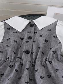 1pc Baby Girl Cute College Style Peter Pan Collar Contrast Color 3D Bow Long Sleeve Dress Thin Spring Autumn - Light Grey - View 7