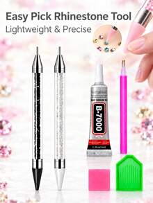 8pcs Rhinestone Tool Set With Silicone Tips, Detachable; Ideal For Picking And Applying Crystals, Diamonds, Resin Gems And Beads, Suitable For Beginners And Artists. Comes With Flat-Back Resin Rhinestones, Perfect For DIY Handmade Decoration Of Cups, Shoes And Other Items. - View 8