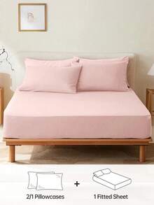 HONEYMOON 2/3pcs Solid Color Bedding Set (2pcs = 1 Fitted Sheet + 1 Pillowcase; 3pcs = 1 Fitted Sheet + 2 Pillowcases) - 100% Polyester Fabric Mattress Cover, Fits 9-12 Inch Deep Pocket, Pillowcase Without Pillow Insert, Soft And Breathable, Shrink-Resistant, Machine Washable - T F Q K Sizes Suitable For Home And Dorm, Back To School Essential, Light Pink - Baby Pink - View 2