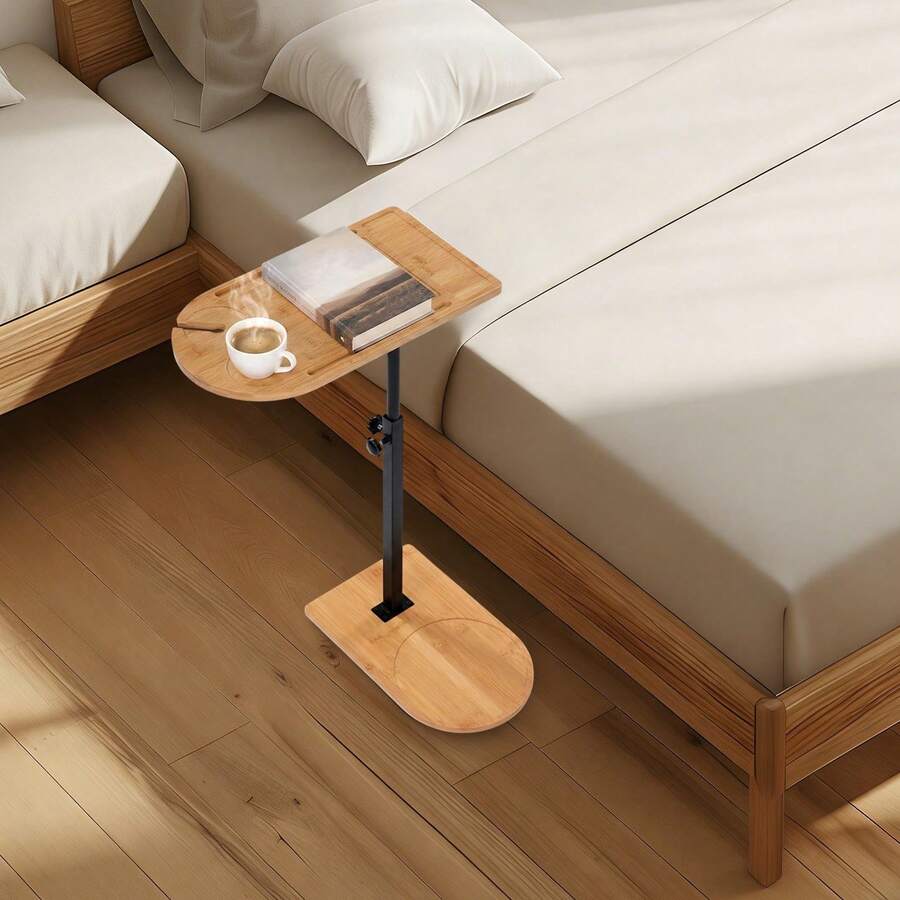 Side End Table, Makeup Organizer,mobil, Höhenverstellbar 42–82cm, Bambus & Metall, C-Form, Stabil, 360° Drehbar, Für Wohnzimmer, Bücher, Gläser, Tablet, Langlebig, Platzsparend - Holzfarbe, Schwarz - Übersicht 1