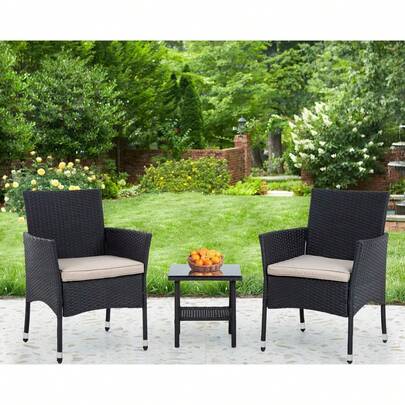 3 Piece Black Wicker Patio Bistro Set, Outdoor Rattan Conversation Furniture Set, Patio Chairs For Backyard, Porch, Poolside And Lawn