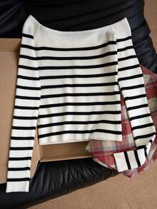 Women's Knit Cardigan Off-Shoulder Long Sleeve Ribbed Ribbed Top Single Breasted Cropped Waist-Baring Slim Fit Base Layer Sweet Cool Sexy Hot Girl Y2K Style Autumn Casual Street Date Inner Wear - Black and White - View 8