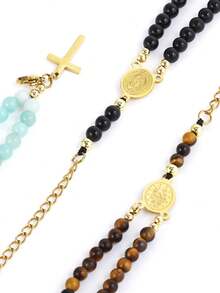 1pc Natural Stone Bracelet With Stainless Steel Cross Pendant, Healing Obsidian Amethyst Rose Quartz Crystal 4mm Beaded Double Layer Bracelet Jewelry H958 - Bracelet - View 7