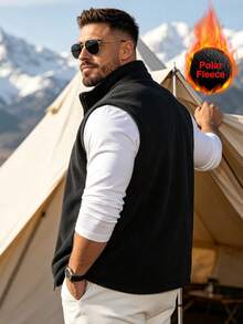 Men's Casual Solid Color Stand Collar Sleeveless Jacket, Fleece Outdoor Jacket, Autumn/Winter Vest - Black - View 3