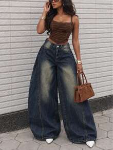 Women's Streetwear Vintage Distressed Textured Wide Leg Jeans - Blue - View 1