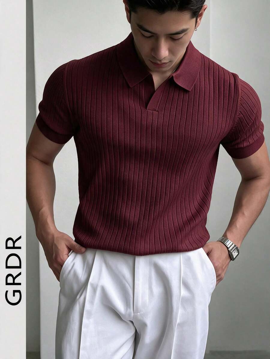 GRDR Men's Summer Knit Polo Shirt, Solid Color Short Sleeve Knitted Collar, Suitable For Summer Outings, Essential For Fashionable Outfit