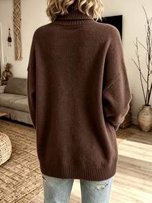 Women's Plus Size Loose High Neck Drop Shoulder Sweater, Autumn/Winter Warm Long Sleeve Ribbed Knit Pullover - Brown - View 4