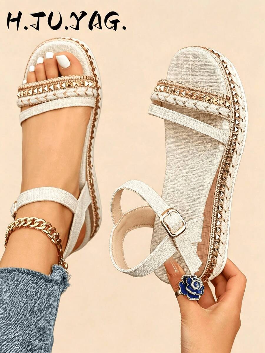 Summer Formal Thick Sole Beach Wedge Sandals, Rivet Bohemian Style Open Toe Lace-Up Design, Breathable Comfortable Casual Elegant Flat Shoes