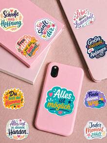 50Pcs PP German Inspirational Stickers, Colorful Journal Text Style, Including German Inspirational Phrases, Hearts, Gift Boxes, Lightning, Hand-Drawn Border Elements, For Journal Collage, Water Bottle, Notebook, Storage Box, DIY Craft Decor - Multicolor - View 4