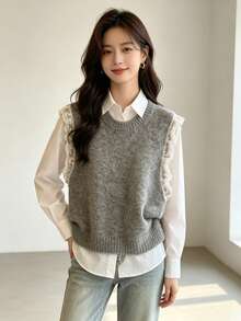 New Arrival Solid Color European And American Style Turtleneck Knit Vest For Women, Lace Trim Soft And Elegant Sleeveless Layering Tank Top For Early Autumn - Ash - View 6