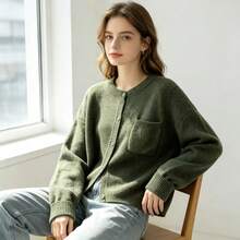 Autumn/Winter New Casual Knit Cardigan Women, Loose Fit Flattering Daily Commute Versatile Elegant Sweater Top - Green - View 7