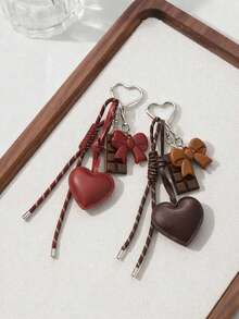 Cute Heart-Shaped Leather Keychain With Faux Chocolate And Bow Design, Braided Rope Bag Charm, Y2K Retro Style Key And Bag Accessory - Multicolor - View 2