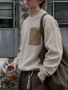 Men's Crew Neck Cable Knit Texture Chest Pocket Casual Streetwear Sweatshirt, Autumn/Winter - Apricot - View 2