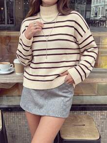 Women Summer Fall Black Stripe Turtleneck Loose Short Knit Sweater Top - Multicolor - View 8