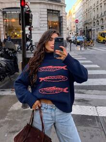 1pc Women's Fish Pattern Rolled Collar Dropped Shoulder Knit Sweater, Vintage Loose Pullover Knit Top, Suitable For Daily Wear, Beach, Weekend Outings - Navy Blue - View 2