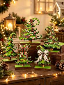 5/1pc Christmas Wooden Tree Decor, Christmas Tree Table Centerpiece, Creative Green Christmas Tree With Wooden Base Logo, Suitable For Farmhouse Style Fireplace Windowsill Room Decoration, Party Holiday Decor, Christmas Decoration - Green - View 3