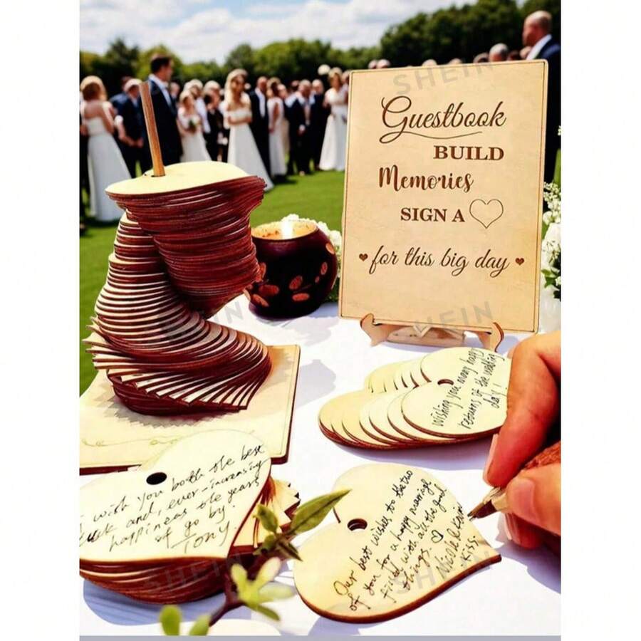 30pcs Wooden Heart Shaped Guest Book - Rustic Wedding Reception Decor & Favors, Birthday Baptism Keepsake Plaques | Alternative Guest Book - A - View 1