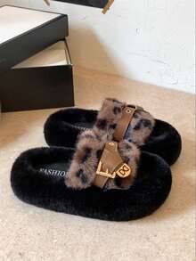 2026 New Autumn/Winter Thick Sole Fuzzy Slippers, Solid Color Beach Faux Fur Slouchy Slides, Indoor Home Office Retro Flat Open Toe Slippers For Spring/Autumn - Leopard Print - View 1