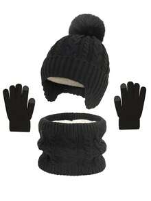3pcs Kids Hat, Gloves And Scarf Set, Cable Knit Woolen Hat With Pom Pom, Warm Ear Protection For Boys And Girls, Autumn/Winter Warm Set - 3pcs - View 17