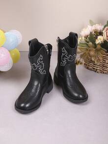 Children's Fashion Casual Western Cowboy Boots, Simple Solid Color Design, Vintage Boots, Autumn/Winter Riding Ankle Boots - Black - View 4