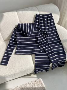 Tween Girls Autumn/Winter Navy Blue & White Ribbed Ribbed Knit Hoodie With Pockets And Zipper, Paired With Casual Long Pants, 2 Pieces Set - Black and White - View 4