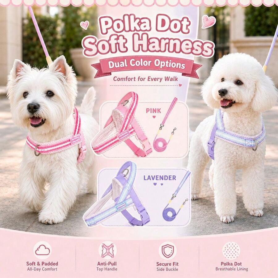 1PC New Pet Dog Harness, Cute Light Color Pet Harness With Matching Style Leash, Striped Style Cute And Versatile, Fashionable And Stylish, Soft Lining Comfortable To Wear, Adjustable Size, Easy To Clean And Non-Sticking Hair, Suitable For Small And Medium Dogs, Perfect Choice For Daily Outings, Outdoor Hiking, Camping And Picnic - Pink - View 1
