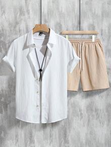 Conjunto de dos piezas para hombre: camisa minimalista informal de manga corta en color liso y pantalones cortos - Blanco - Ver 3