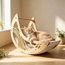 Crescent Moon Cat Hammock, Cat Wall Perch, Wall-Mounted Cat Furniture, Solid Pine Wood Material, Sturdy And Stable Cat Wall Shelf For Sleeping, Playing, Climbing And Resting - Apricot - View 7