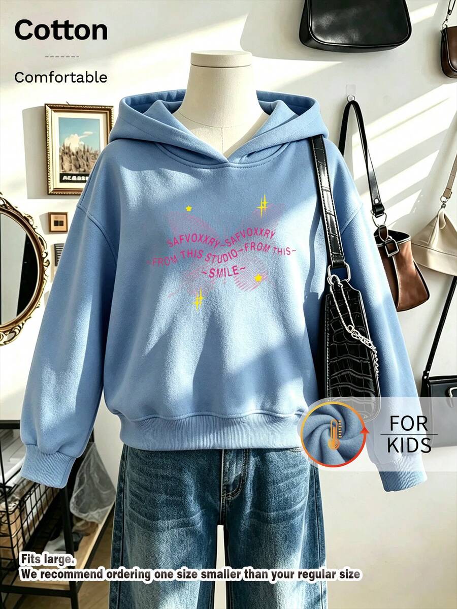 Kids Hooded Sweatshirt, Butterfly Line With Text Smile Graphic Print Thick Fleece Lined Pullover For Kids - Blue - View 1