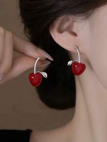1 Pair Luxury Red Resin Asymmetrical Cherry Stud Earrings, Suitable For Women's Holiday Party Wear - Silver + Burgundy - View 2