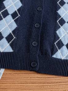 Boys' Preppy Argyle Jacquard Round Neck Button Long Sleeve Knit Cardigan Sweater, Contrast Color Pattern, Casual Versatile For Daily Wear, School, Spring, Autumn, Winter - Navy Blue - View 5