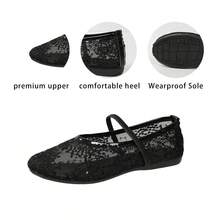 Retro Black Lace Ballet Flats, Elastic Stretch Strap Design, Sequin Decor, Women Shallow Mary Jane Flats For Dating And Travel - Black - View 3