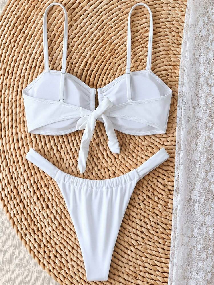 Set Bikini Halter Tanpa Punggung Seksi untuk Wanita dengan Rok Renda Transparan, Pakaian Renang Elastisitas Tinggi untuk Pantai Musim Panas - Putih - View 5