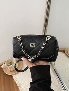 Tas Tangan Silinder Motif Leci Hitam, Jahitan Quilted Berlian, Dekorasi Logo Persegi Logam Emas di Bagian Depan, Desain Terstruktur dan Kompak, Dapat Menyimpan Ponsel dan Kosmetik, Tas Selempang Kecil Wanita untuk Perjalanan dan Kencan - Hitam - View 4